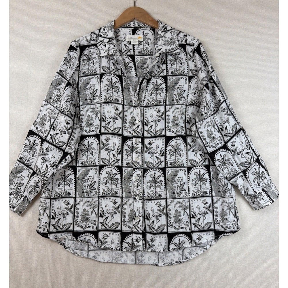 C&C California 100% Linen Tropical Print Button-Up Shirt Womens 1X Black & White